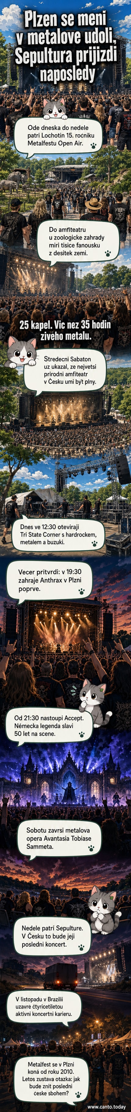 Ilustrační foto Plzně s nápisy Metalfest a logy kapel Anthrax, Accept a Sepultura na pozadí amfiteátru Lochotín.