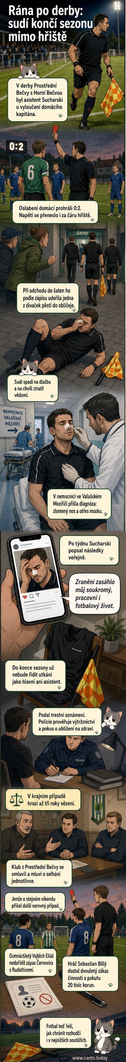 Ilustrace ukazující moment napadení rozhodčího na fotbalovém hřišti po zápase, kdy fanynka útočí na asistenta sudího, který padá na zem.