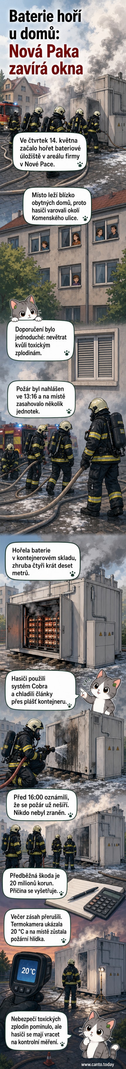 Hasiči u bateriového úložiště v Nové Pace, kde došlo k požáru; na pozadí je kontejnerový sklad a hasičská vozidla.