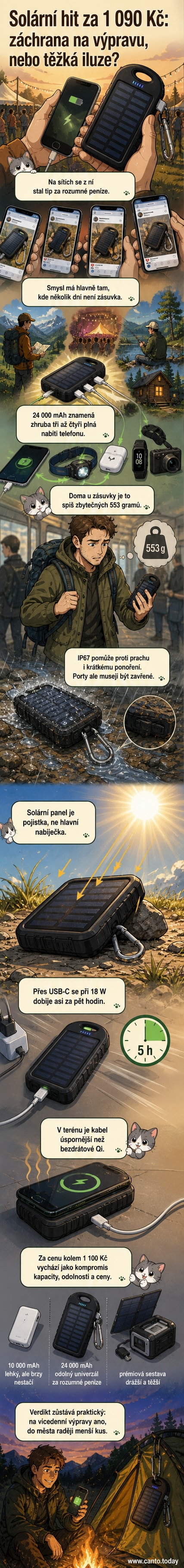 Ilustrace solární powerbanky Viking W24W z Decathlonu na pozadí horské krajiny, s označením kapacity 24 000 mAh, krytí IP67 a karabiny.