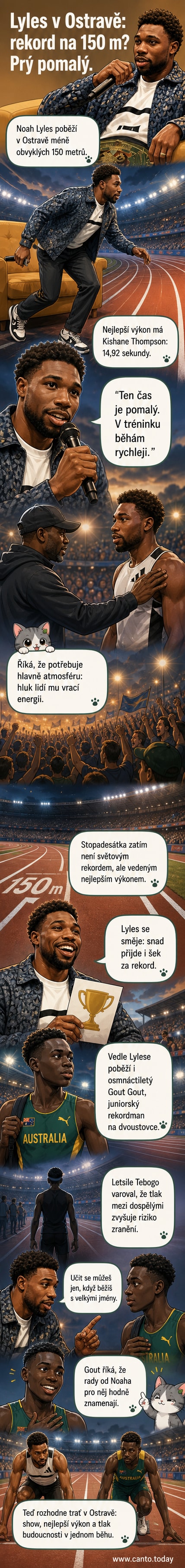 Noah Lyles před startem na 150 metrech v Ostravě, s rukama na bocích a sebevědomým výrazem, publika za ním tleská