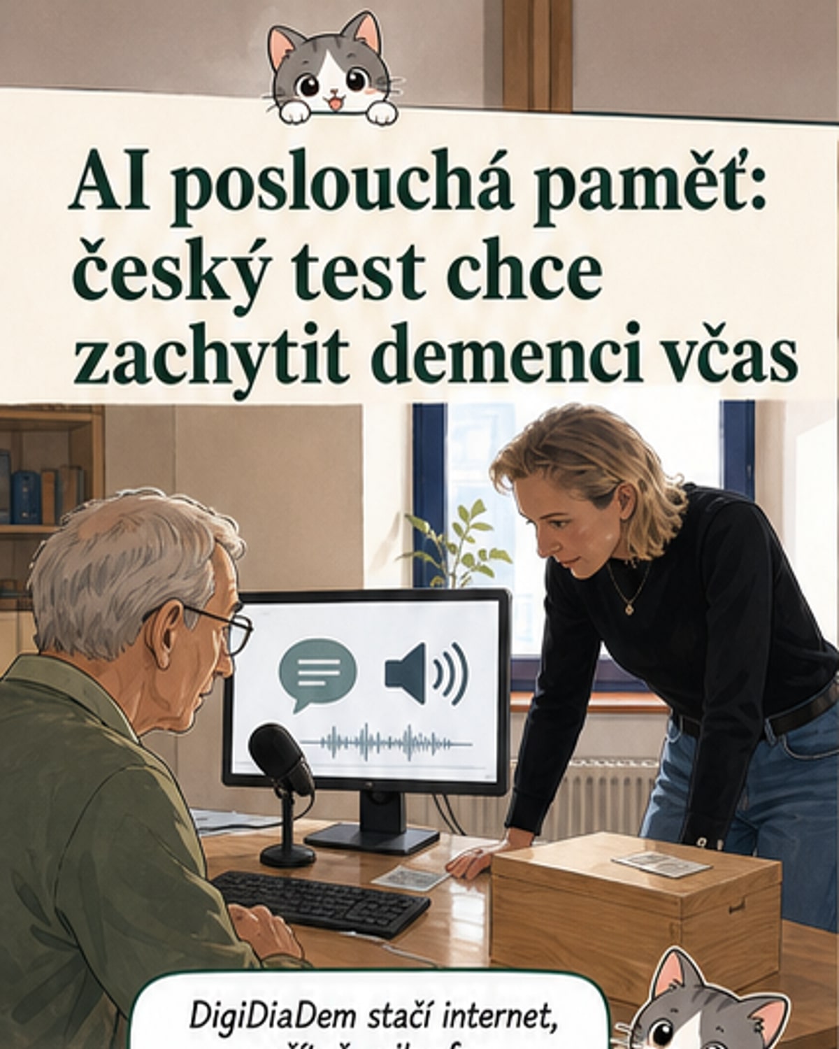 Ilustrace starší osoby používající počítač s mikrofonem, na obrazovce běží test paměti a řeči pomocí AI aplikace DigiDiaDem.
