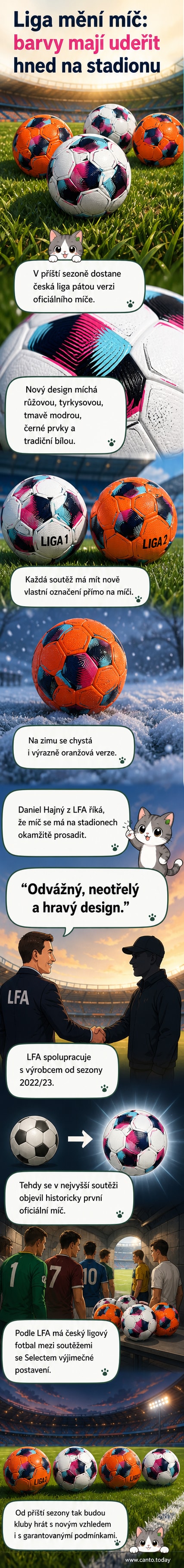Fotbalový míč s pestrobarevným designem v kombinaci růžové, tyrkysové, tmavě modré a bílé, s logem ligy a oranžová verze pro zimní období.