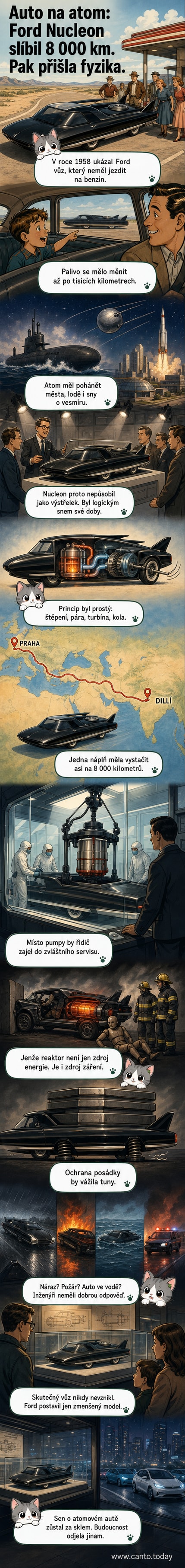 Ilustrace konceptu Fordu Nucleon z roku 1958 – futuristické auto s reaktorem v zadní části, vystavené v muzeu.