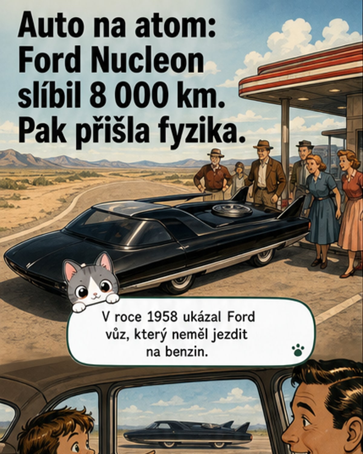 Ilustrace konceptu Fordu Nucleon z roku 1958 – futuristické auto s reaktorem v zadní části, vystavené v muzeu.