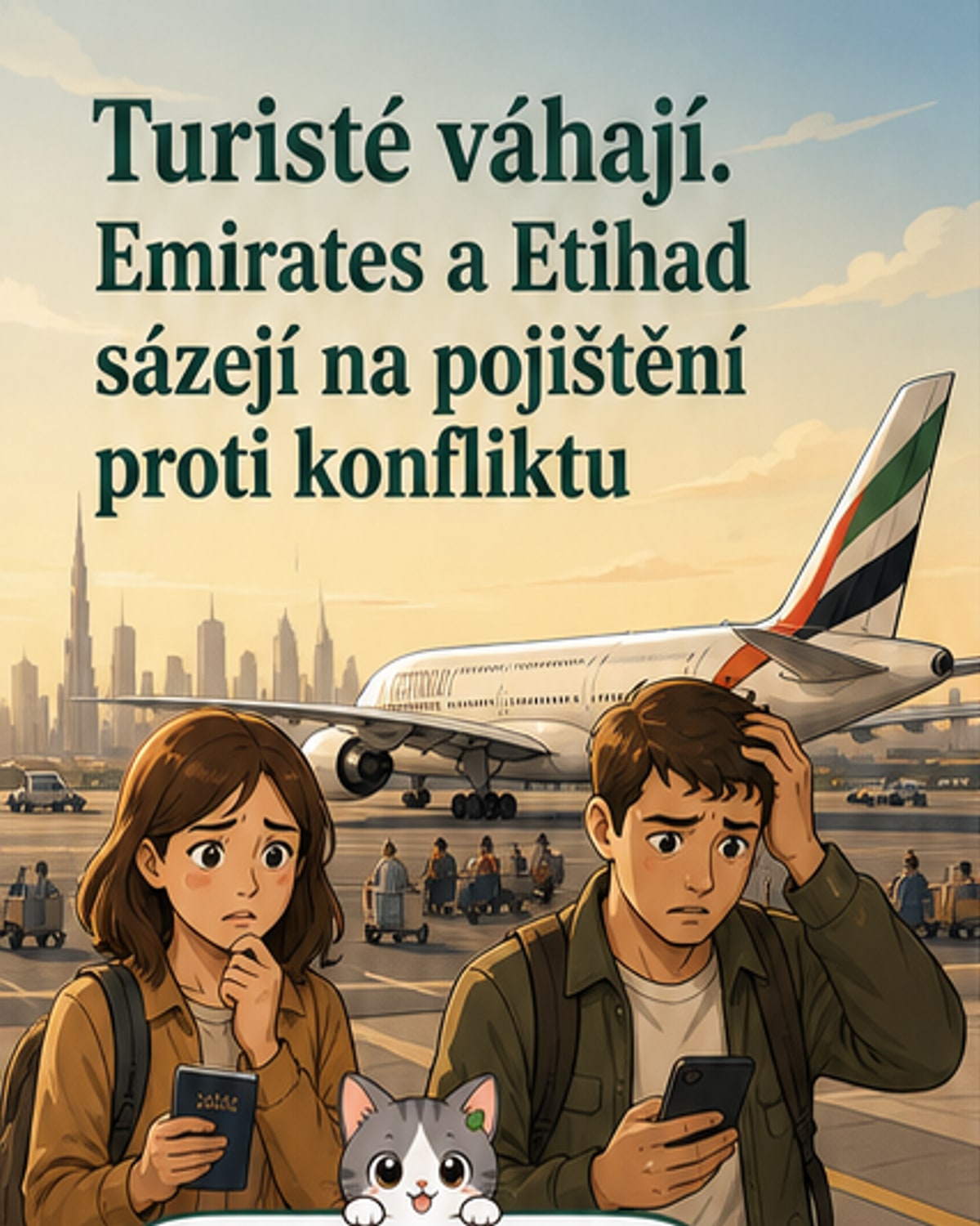 Ilustrace dvou letadel s logy Etihad a Emirates nad městem v Perském zálivu, kolem nichž jsou ikony pojištění a cestování s varovným štítkem.