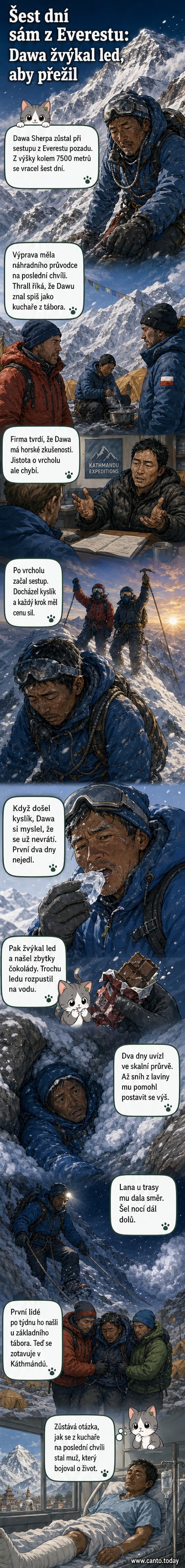 Ilustrace šerpy Dawy, jak se s obtížemi sunie dolů po sněžné hoře, v pozadí skalní trhlina a lavina. Ve scéně je vidět osamělou postavu v horolezeckém vybavení, která se drží lan.