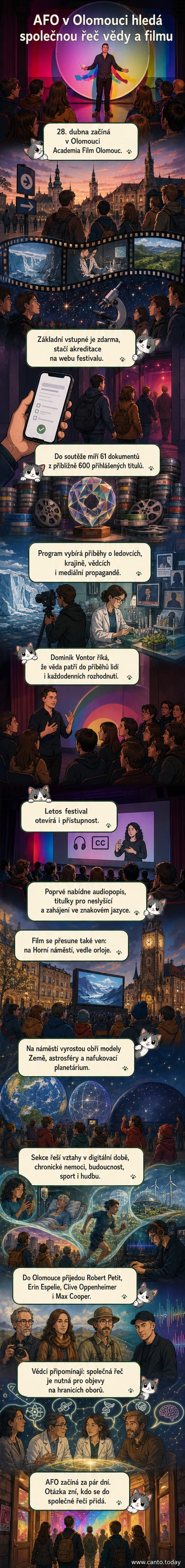 Plakát festivalu AFO s názvem 'Academia Film Olomouc' a motivem planety, filmového pásu a lidí diskutujících pod širým nebem.