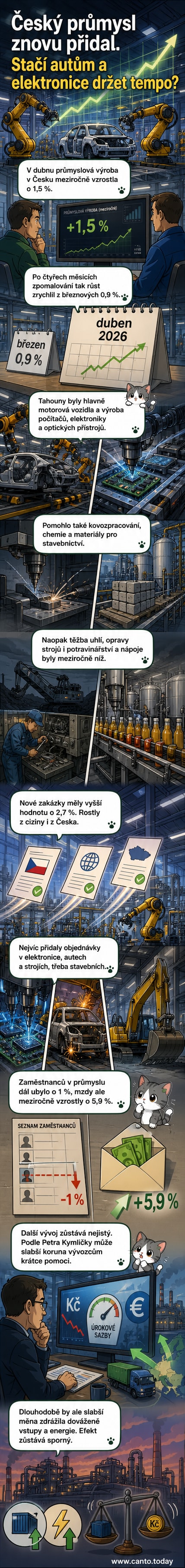 Ilustrace továrny s automobily a elektronikou, na pozadí graf růstu průmyslové výroby v Česku v dubnu 2026