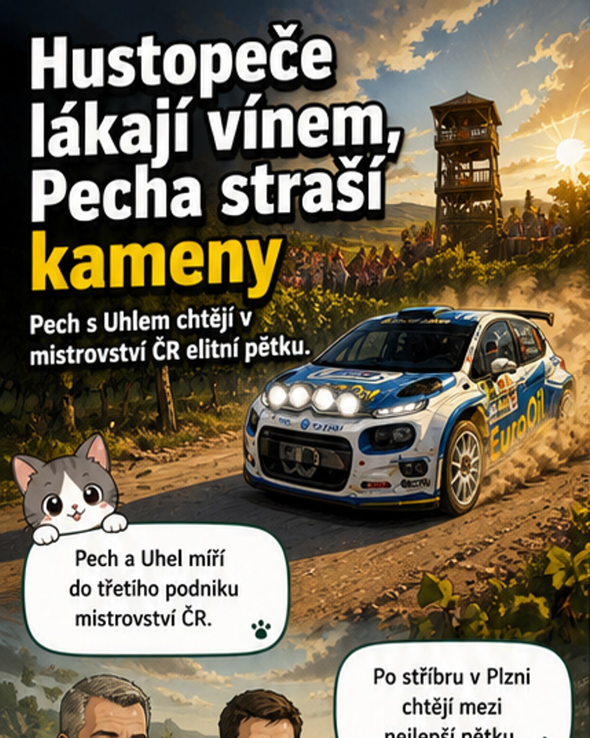 Rallye auto Citroën C3 Rally2 na úzké asfaltové cestě mezi vinicemi, v noci s přídavnými reflektory
