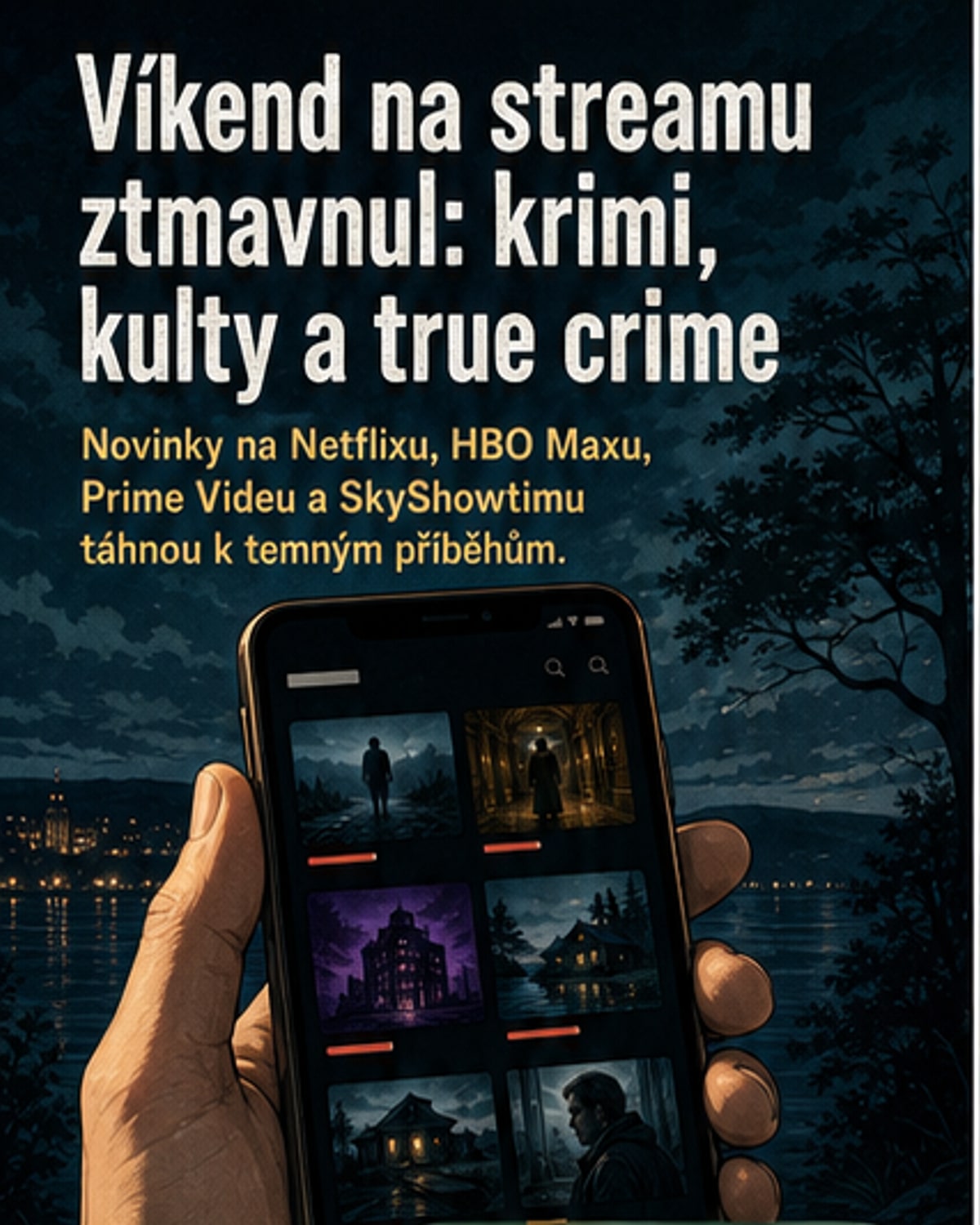 Ilustrovaný přehled nových filmů a seriálů na streamovacích platformách: polské krimi, satanistický horor, sci-fi komedie a true crime dokument.