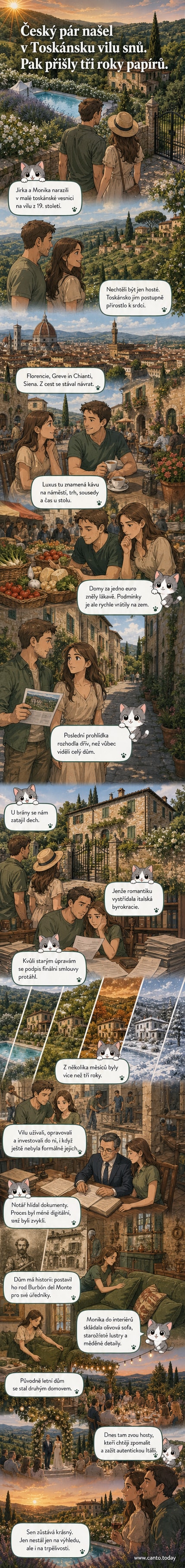 Historická kamenná vila z 19. století v toskánských kopcích s výhledem na vinice a olivovníky, kolem ní zahrada s venkovní kuchyní a kamenným stolem.