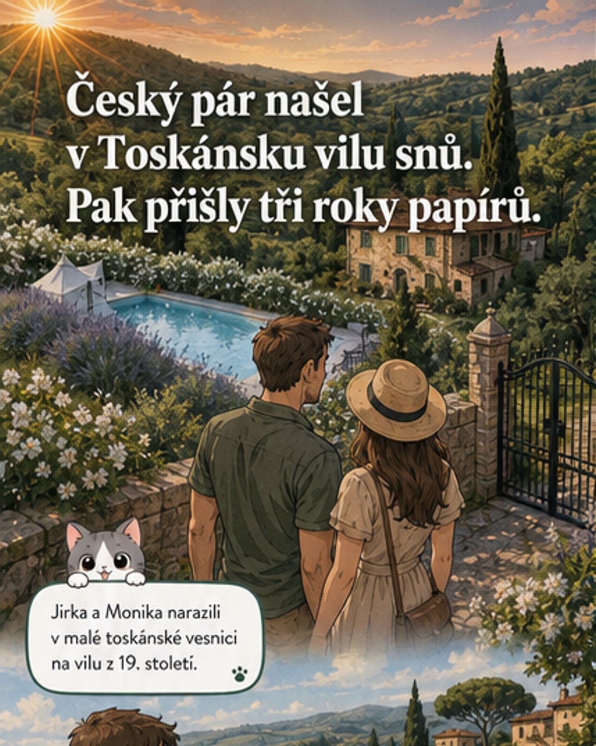 Historická kamenná vila z 19. století v toskánských kopcích s výhledem na vinice a olivovníky, kolem ní zahrada s venkovní kuchyní a kamenným stolem.