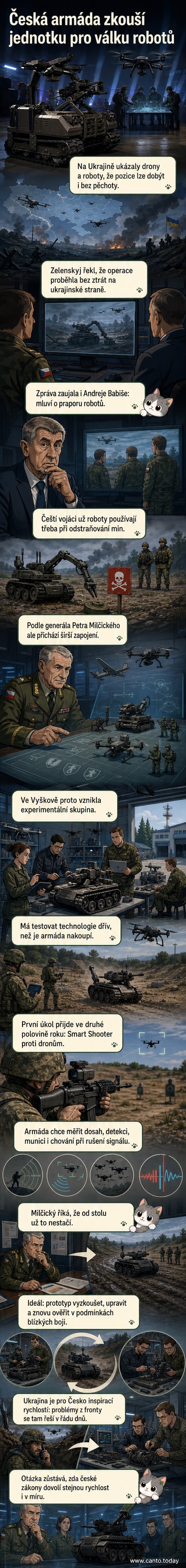 Ilustrace experimentální vojenské jednotky s robotickými vozítky a drony na pozadí vojenské základny ve Vyškově.