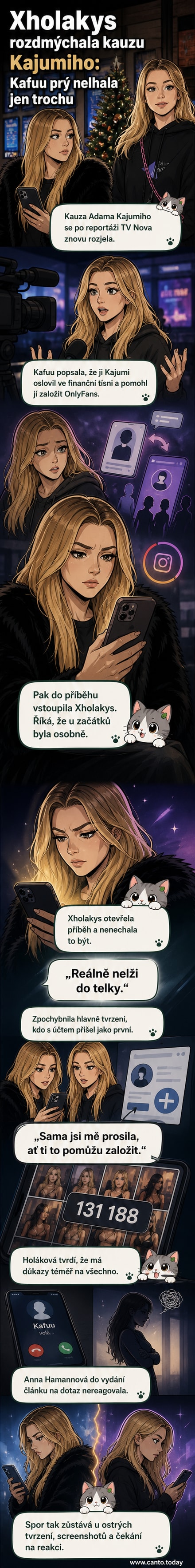 Ilustrovaná scéna dvou influencerů naproti sobě, jeden drží telefon s nápisem 'důkazy', druhý zvedá ruce v obranném gestu, na pozadí ikony OnlyFans a rozmazané tváře třetí osoby.
