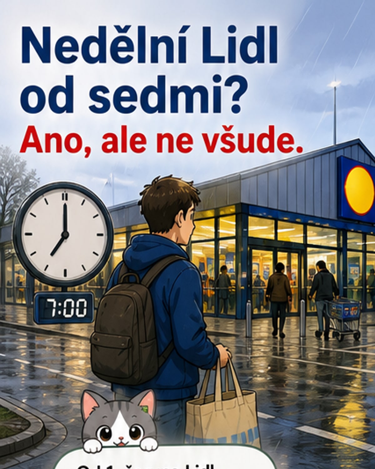Ilustrace: Lidlova prodejna otevírá v neděli ráno, zákazník s vozíkem vchází do obchodu, hodiny ukazují 7:00.