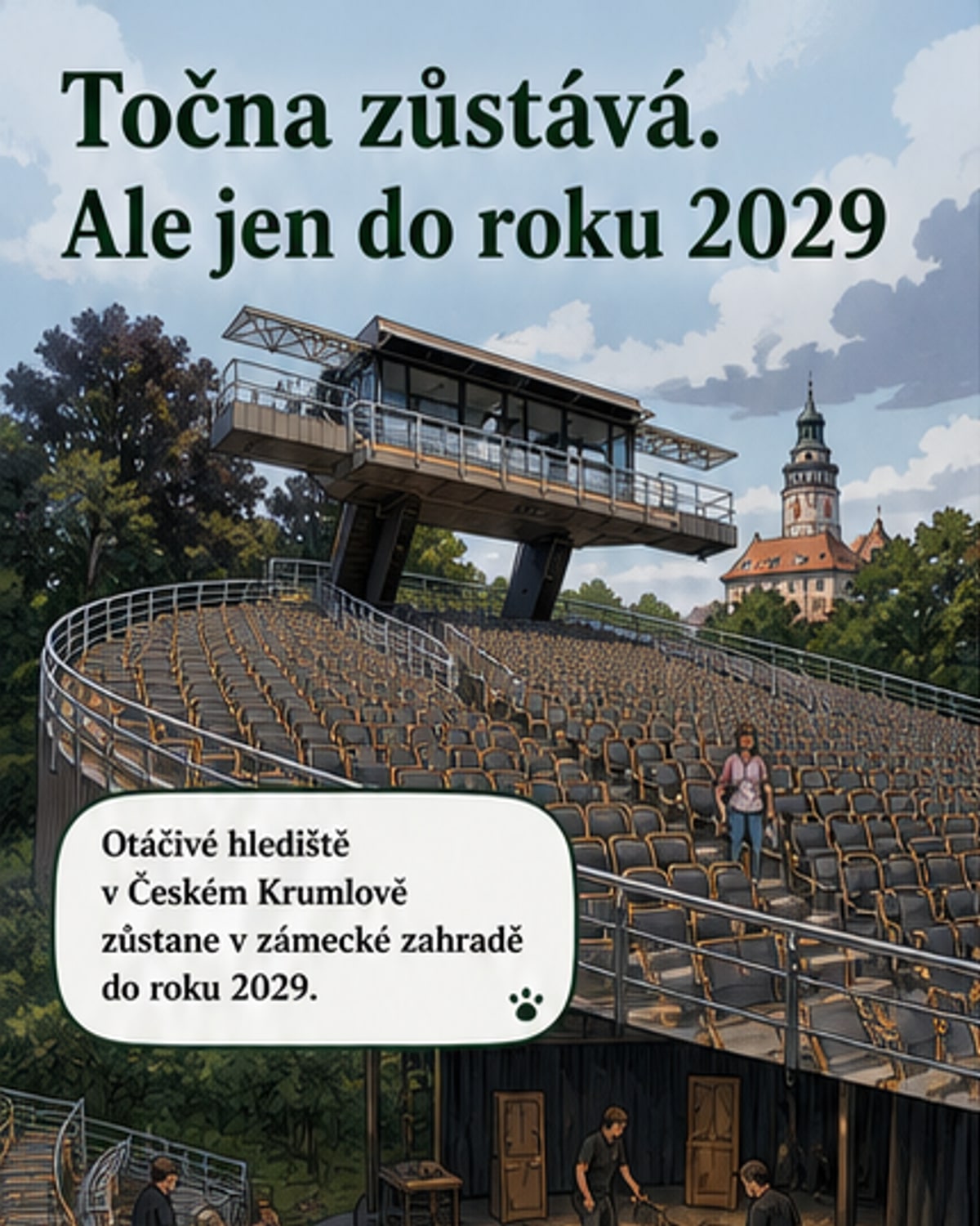 Otáčivé hlediště v zámecké zahradě v Českém Krumlově během představení s diváky a herci na pódiu.