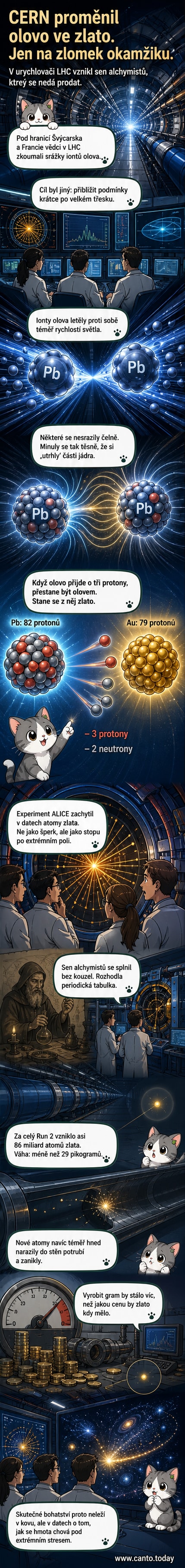 Ilustrace dvou iontů olova, které se těsně míjejí v tunelu LHC, kolem nich pulzují silné elektromagnetické vlny, z jednoho jádra odlétají tři protony a transformují ho na zlato.