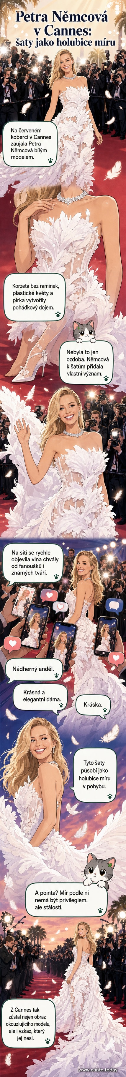 Petra Němcová na červeném koberci v Cannes v bílých šatech s pírky a květy, s vlečkou a výrazným náhrdelníkem.