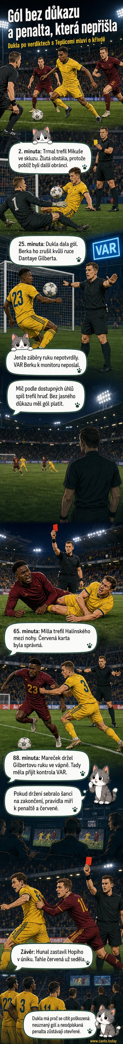 Fotbalový rozhodčí stojí uprostřed trávníku, zatímco hráči Dukly protestují po neuznaném gólu kvůli nejasné situaci s rukou.