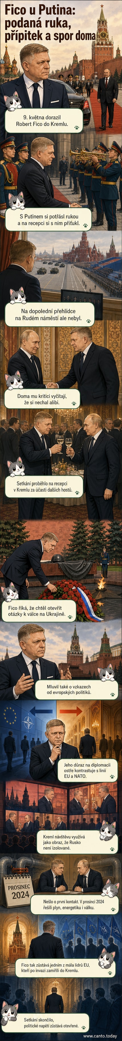 Slovenský premiér Igor Fico a ruský prezident Vladimir Putin si potřásají rukama před budovou Kremlu během oslav 9. května.