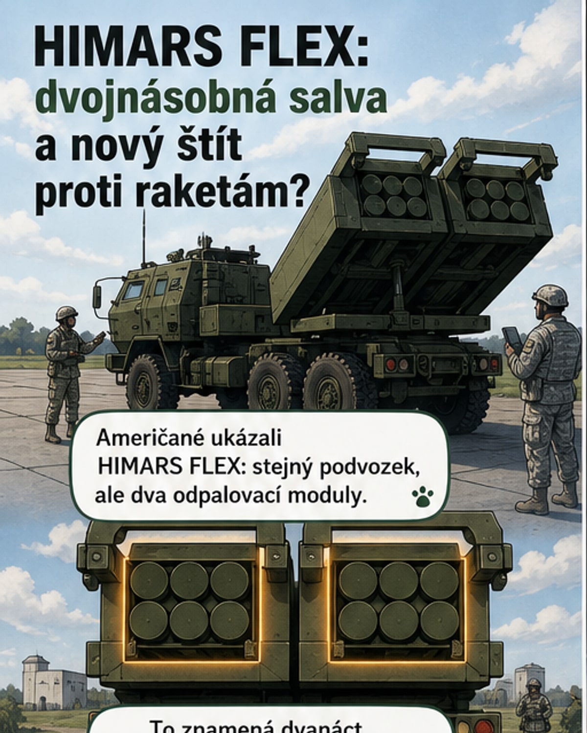 Ilustrace nové verze raketometního systému HIMARS FLEX s dvěma odpalovacími moduly na terénním vozidle, v pozadí ukrajinská a americká vlajka.