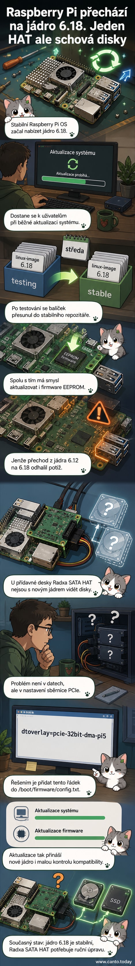Ilustrace malého počítače Raspberry Pi s ikonou aktualizace jádra a upozorněním na konflikt s přídavnou deskou.