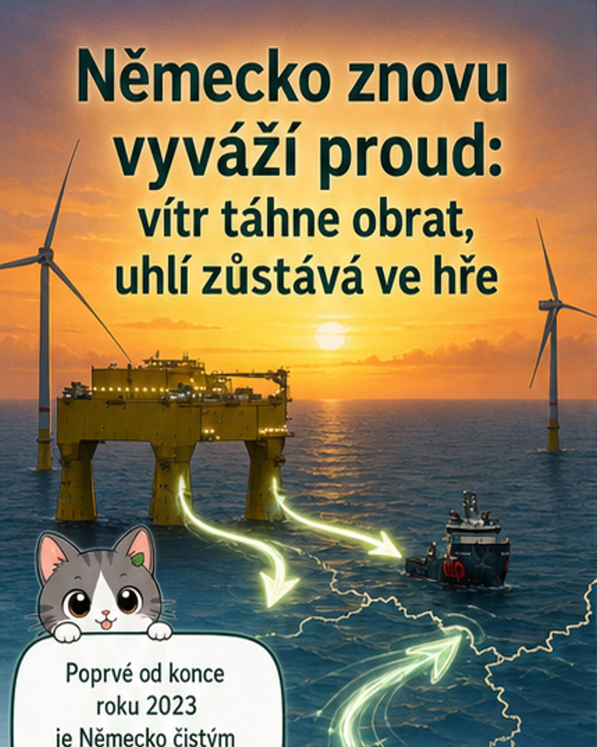 Ilustrace německé elektrické sítě s větrnými elektrárnami a exportními směry do sousedních zemí, jako je Dánsko a Rakousko.