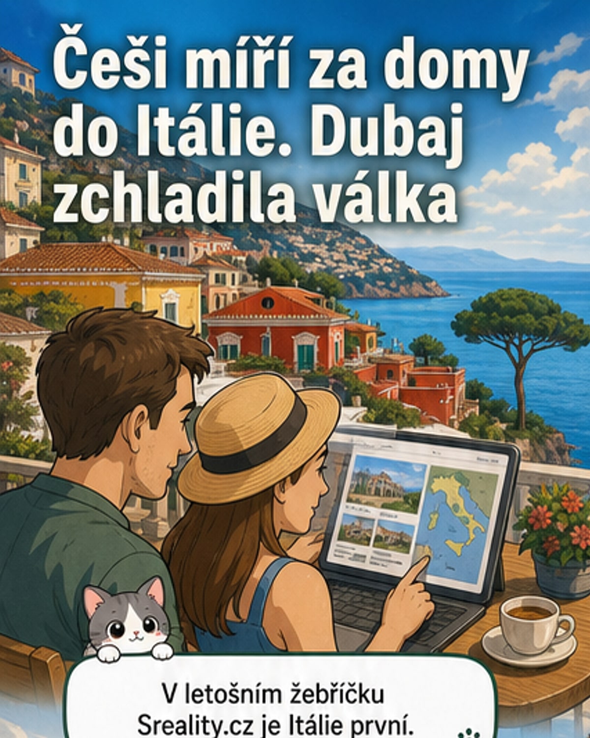 Ilustrace znázorňuje Čecha s klíči k domu v Itálii a zmateného investora před mrakodrapy v Dubaji, na pozadí mapa Středomoří a Blízkého východu.
