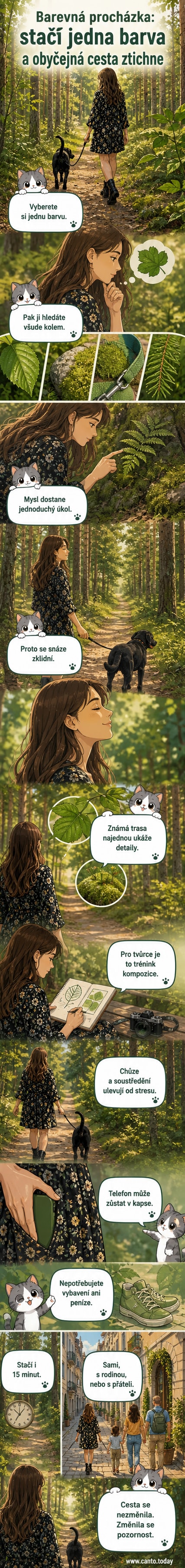 Ilustrace osoby procházející městem a pozorně si všímat detailů v jedné barvě – například červených prvků jako jsou značky, květiny nebo oblečení.