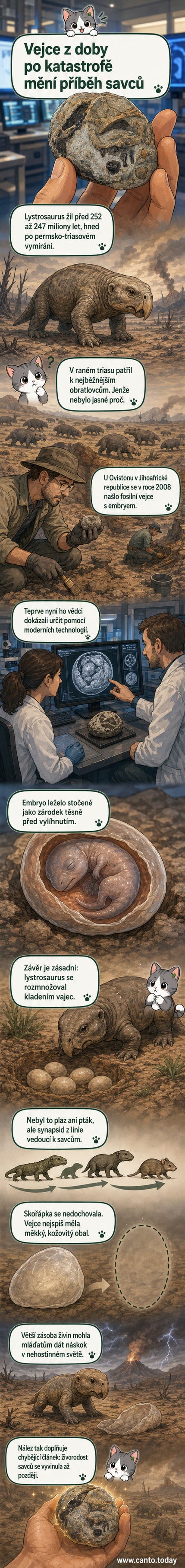 Umělecká reprezentace fosilního embrya lystrosaura stočeného uvnitř vejce s měkkou skořápkou, v pozadí rudá poušť raného triasu