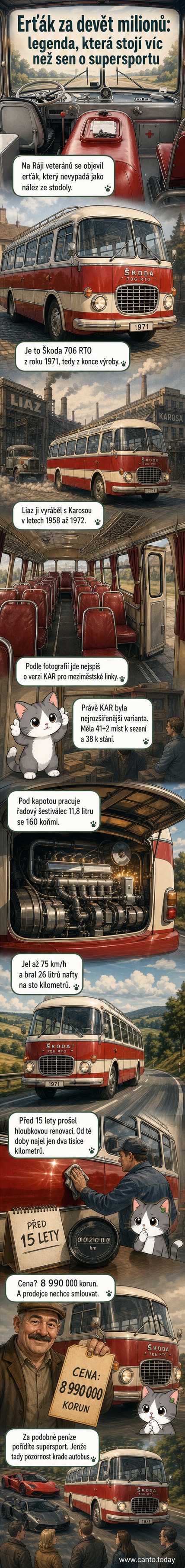 Fotografie autobusu Škoda 706 RTO v bílo-červené livré na venkovské silnici, střešní nosič zavazadel, okna s nápisem 'RTO'.