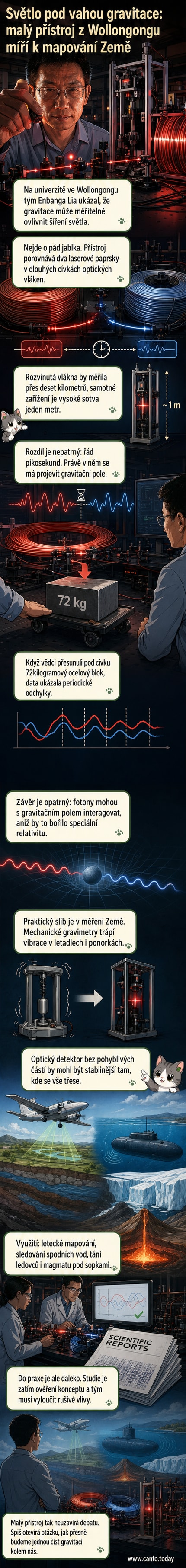 Ilustrace malého optického přístroje měřícího vliv gravitace na světlo, s cívkami optických vláken a laserovými paprsky v laboratorním prostředí