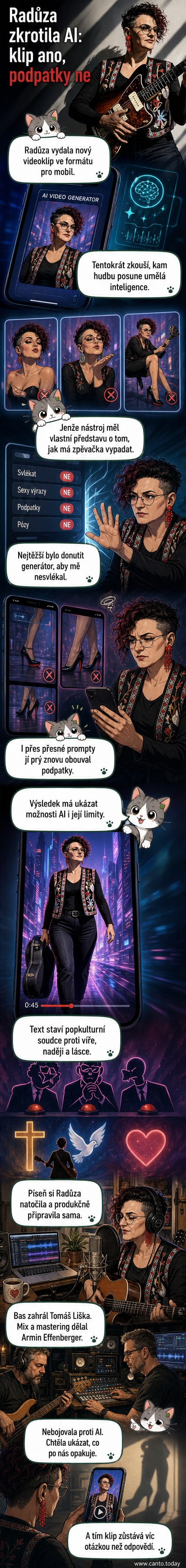 Radůza stojí před digitálním pozadím plným futuristických tvarů, v ruce drží mikrofon, na sobě má stylizovaný oděv s prvky sci-fi estetiky.