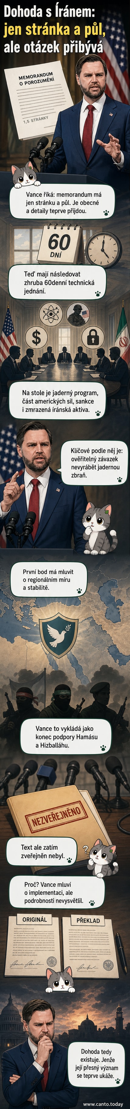 Ilustrace znázorňující diplomatické jednání mezi americkými a íránskými zástupci u stolu, na pozadí symbolické jaderné elektrárny a vlajek obou zemí.