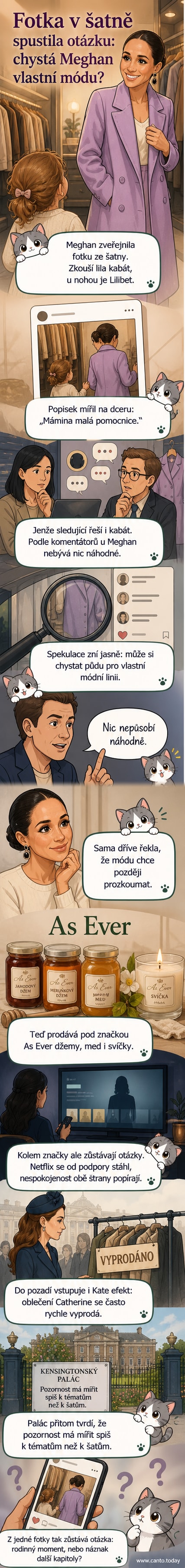 Meghan ze Sussexu v lila kabátě stojí ve šatně, u jejích nohou sedí její dcera Lilibet