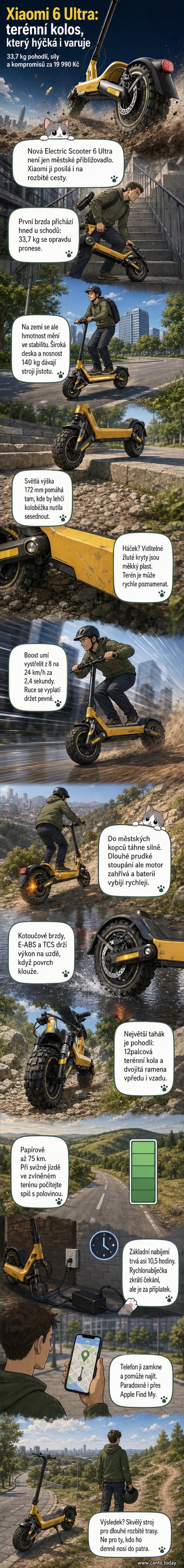 Žlutá elektrická koloběžka Xiaomi Electric Scooter 6 Ultra na nerovném terénu s detaily odpružení a velkých kol.