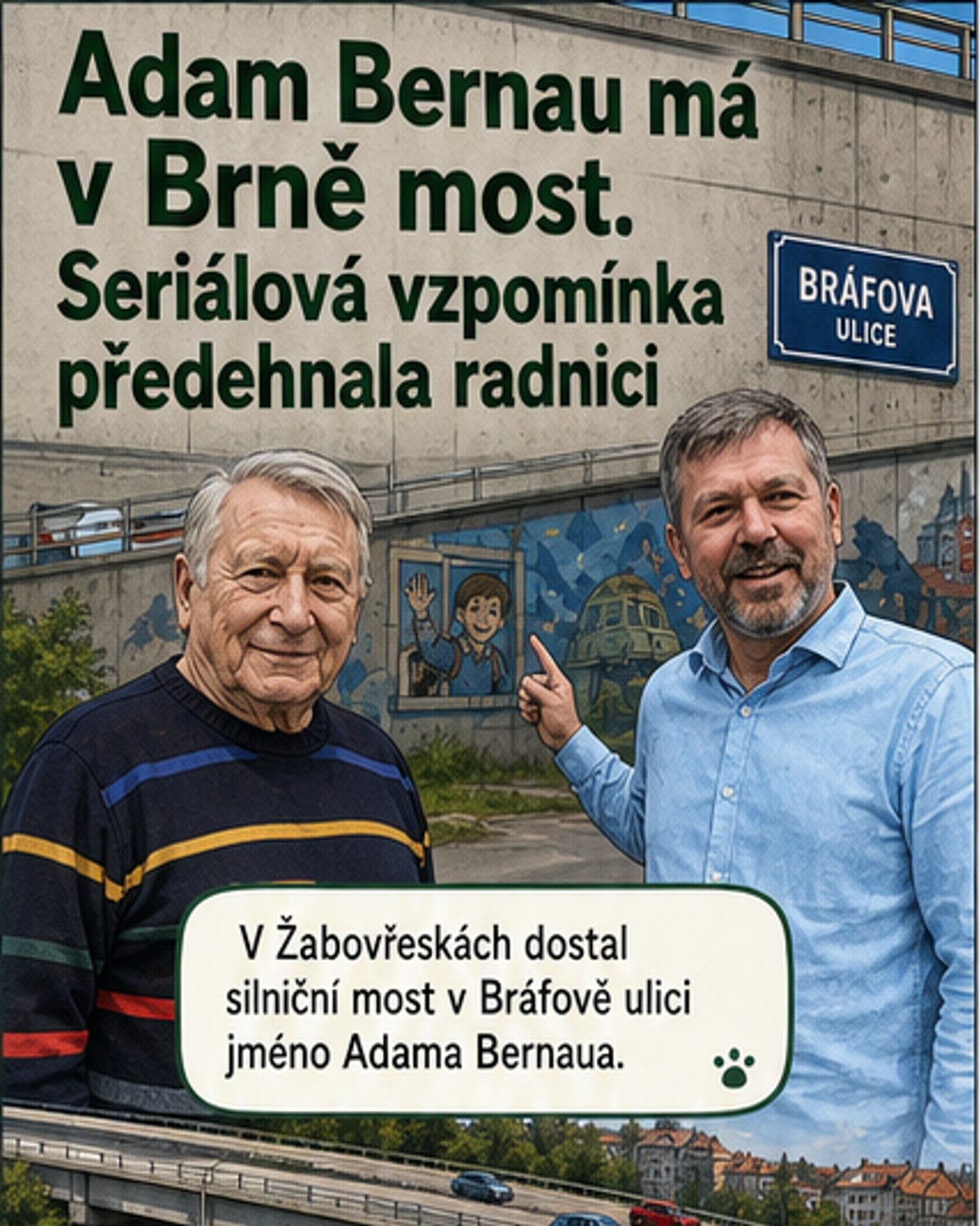 Mural s postavami ze seriálu Návštěvníci na betonové stěně pod mostem, vpředu čtyři členové expedice Adam 84 a dům v plamenech.
