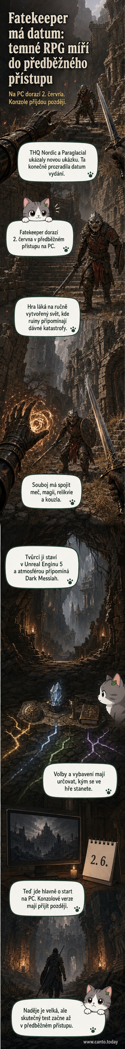 Temný hrdina s mečem a magickým světlem stojí mezi rozbořenými kamennými sloupy v dešti, na pozadí hrad z temných dob.