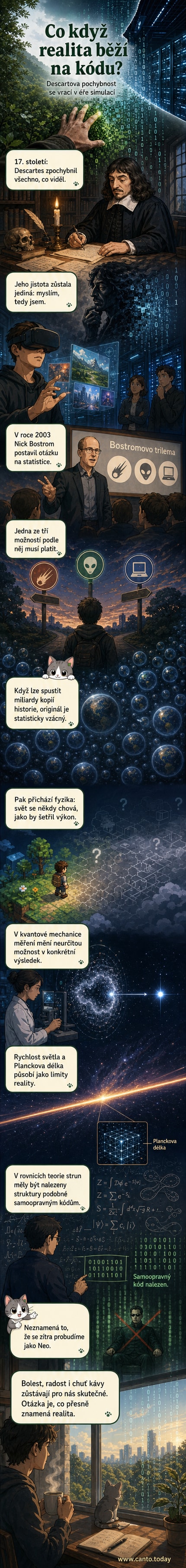 Ilustrace vesmíru jako digitální sítě s kódem běžícím v pozadí, symbolizující myšlenku počítačové simulace reality.