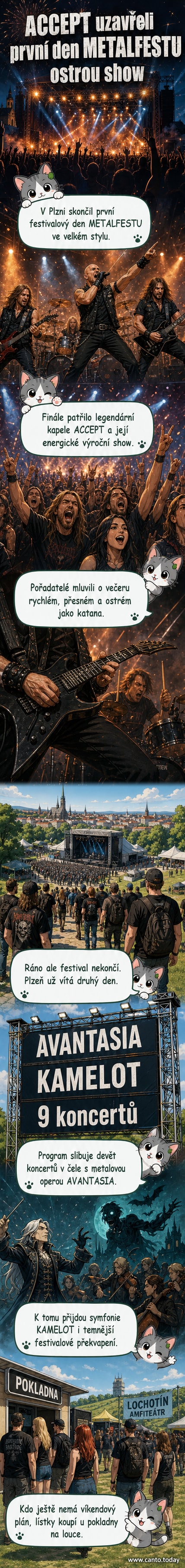 Kapela ACCEPT vystupuje na pódiu při plzeňském MetalFestu, za nimi diváci s metalovými pozdravy a osvětleným kulisy.