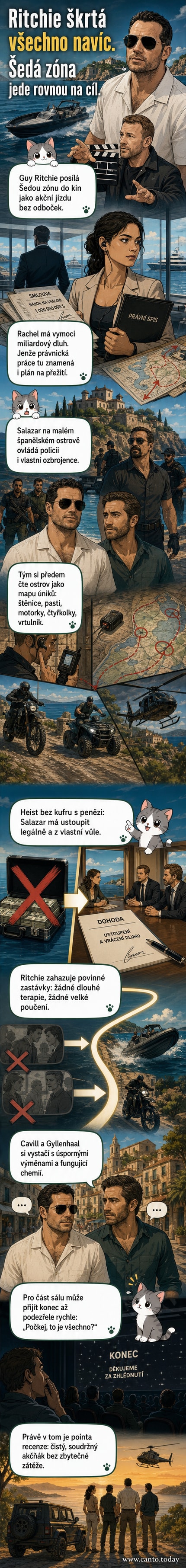 Henry Cavill a Jake Gyllenhaal v tmavých oblecích stojí za ženou v plášti na útesu nad mořem, na pozadí ostrov s vojenskou základnou