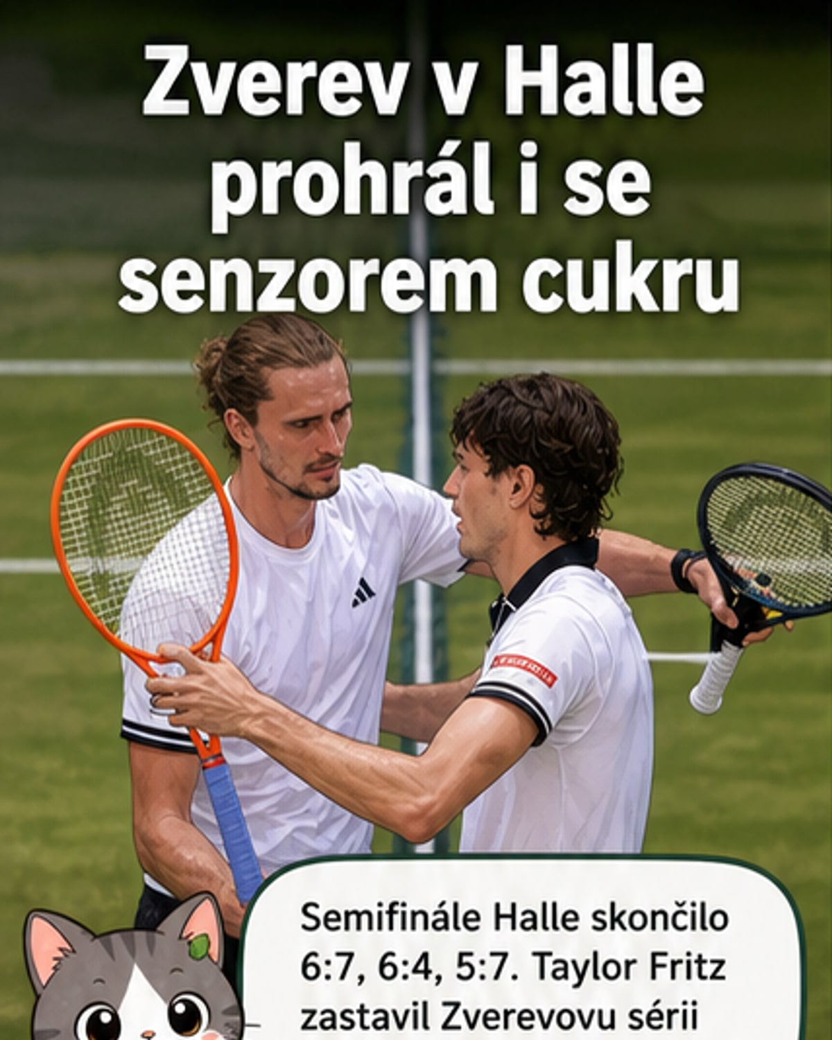 Alexander Zverev na trávnatém kurtu, s rukou na čidle glukózy, vypije energetický nápoj během zápasu