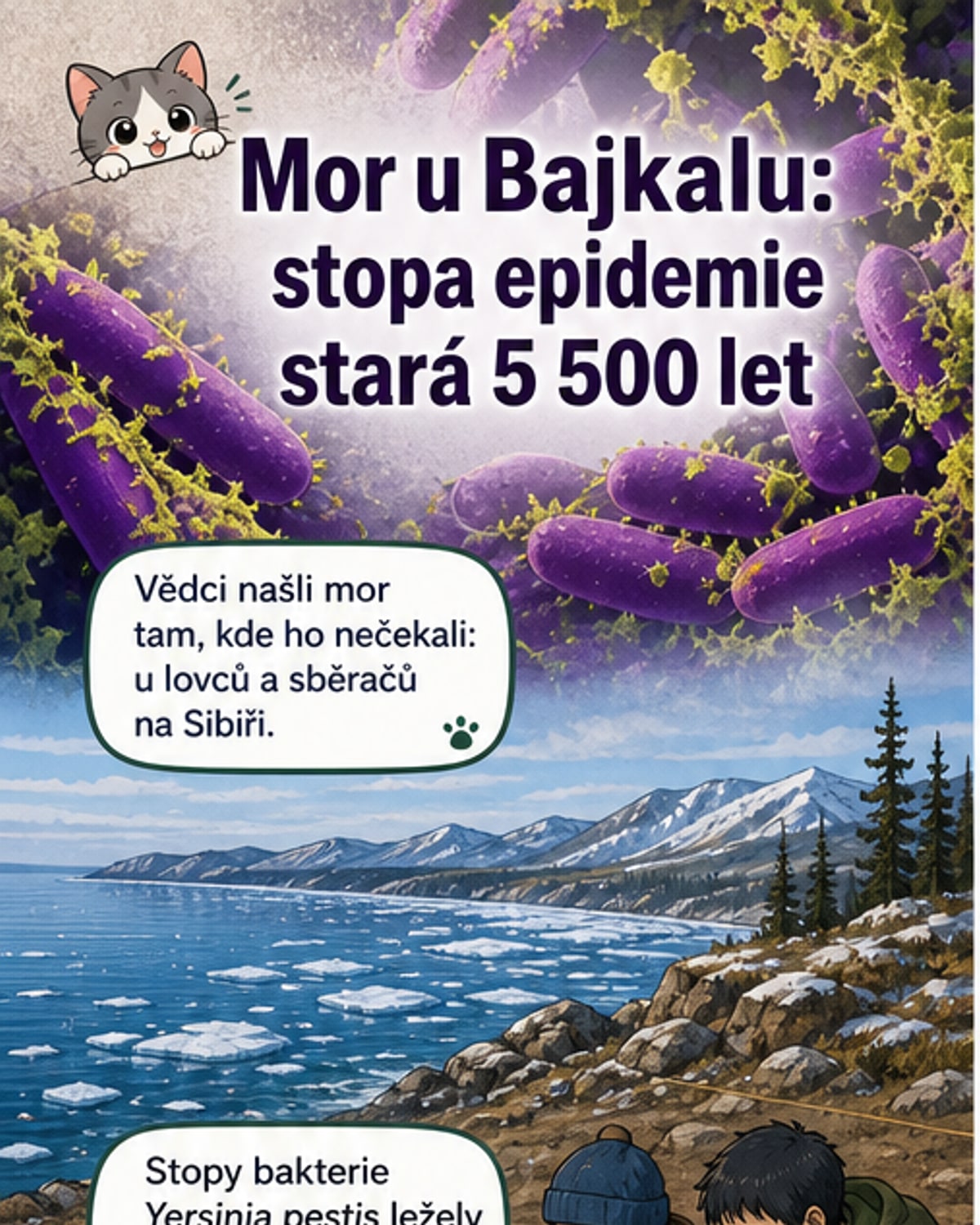 Ilustrace pravěké osady u jezera Bajkal, kde vědci našli důkazy o moru způsobeném svištěm tarbaganem před 5500 lety.