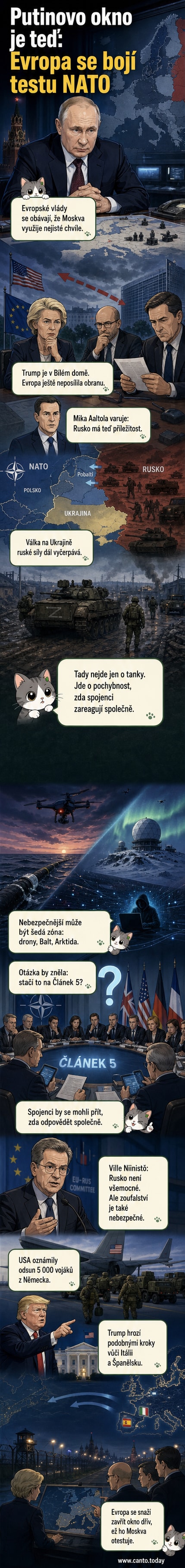 Ilustrace znázorňující napjatou geopolitickou scénu: ruský vůdce stojí za mapou Evropy s červenými šipkami směřujícími k hranicím NATO, zatímco evropští lídři diskutují u stolu a americké vojenské jednotky se stahují z Německa.