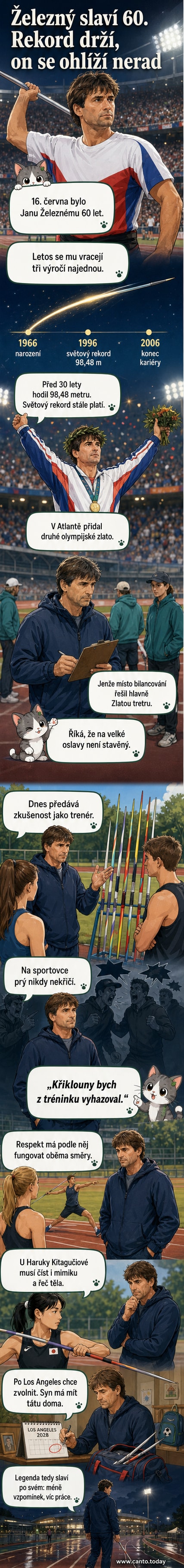 Jan Železný, český oštěpař a držitel světového rekordu, stojí na tréninkovém hřišti v trénérském oblečení, ruce zkřížené, s klidným výrazem.