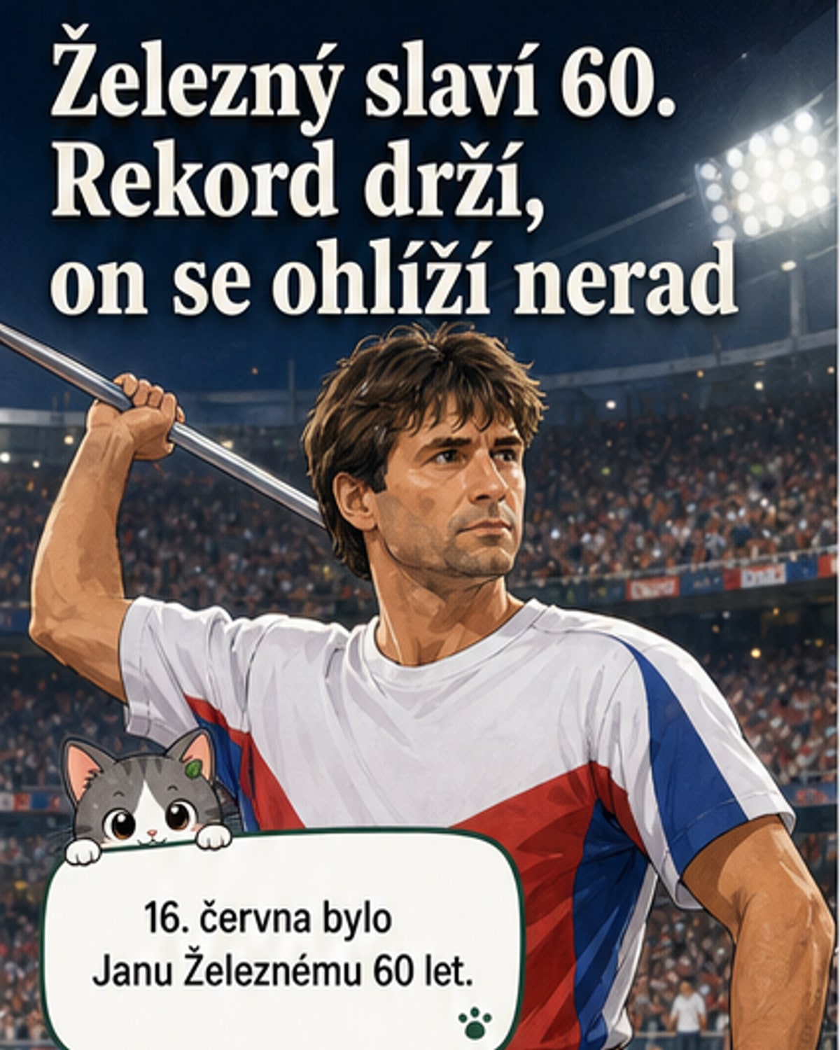 Jan Železný, český oštěpař a držitel světového rekordu, stojí na tréninkovém hřišti v trénérském oblečení, ruce zkřížené, s klidným výrazem.