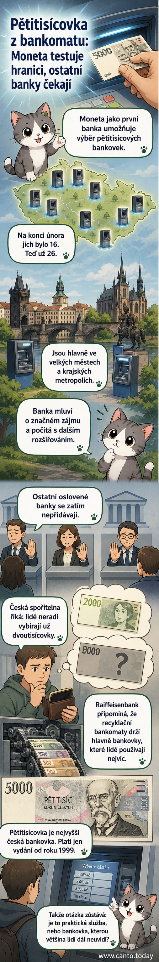 Ilustrace člověka vybírajícího pětitisícovou bankovku z bankomatu, na pozadí loga Moneta Bank a české koruny.
