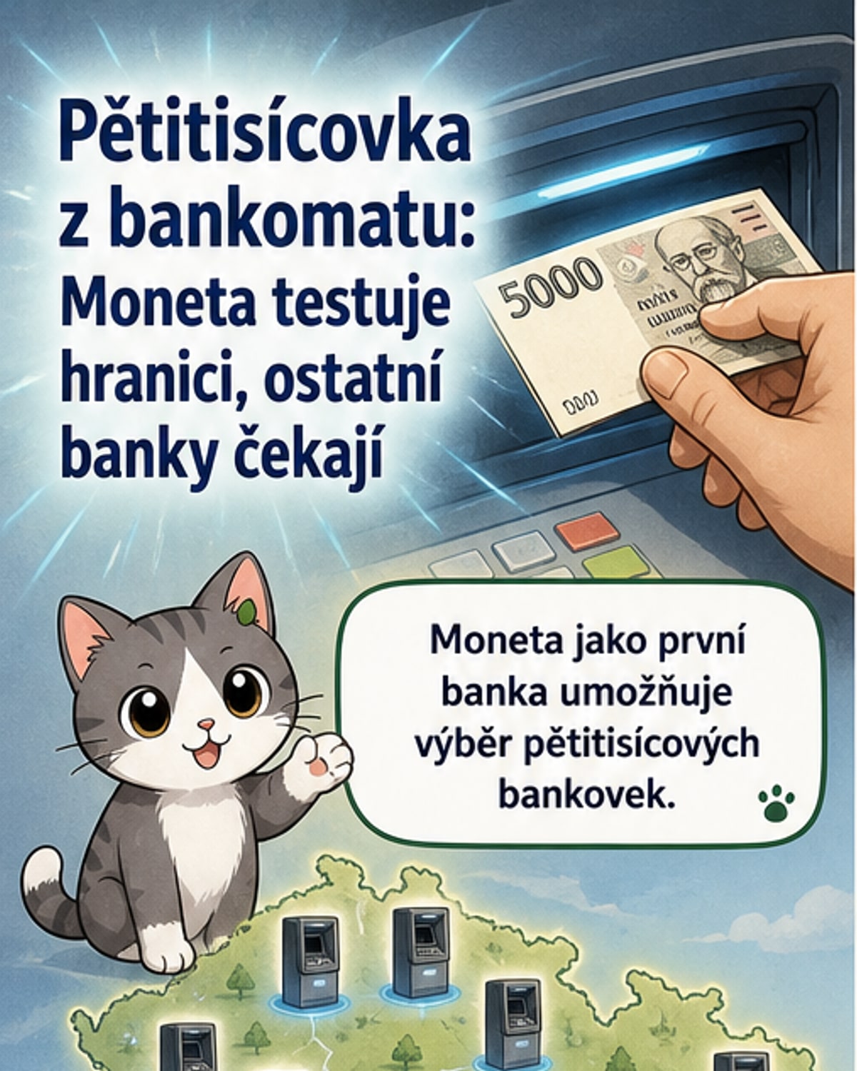 Ilustrace člověka vybírajícího pětitisícovou bankovku z bankomatu, na pozadí loga Moneta Bank a české koruny.