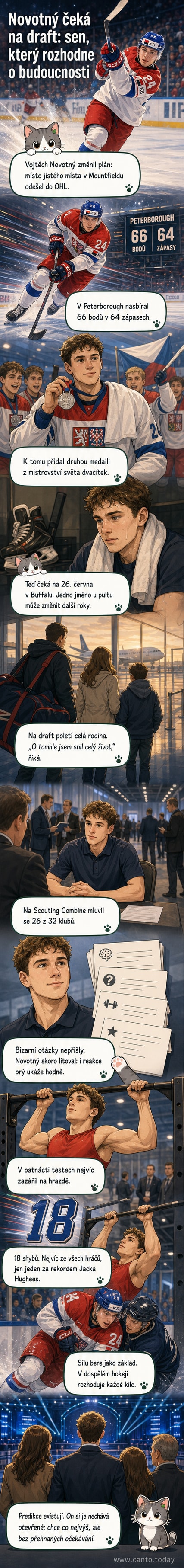 Mladý hokejový hráč v dresu s českou vlajkou, před ním loga NHL a draftu, v pozadí stadion v Buffalu.
